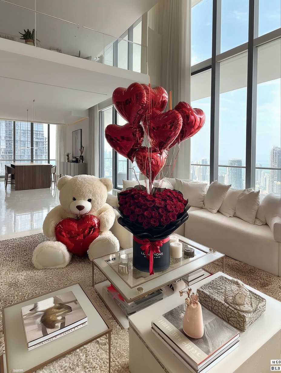 A luxury living room with a black-wrapped red rose bouquet, heart balloons and a teddy bear